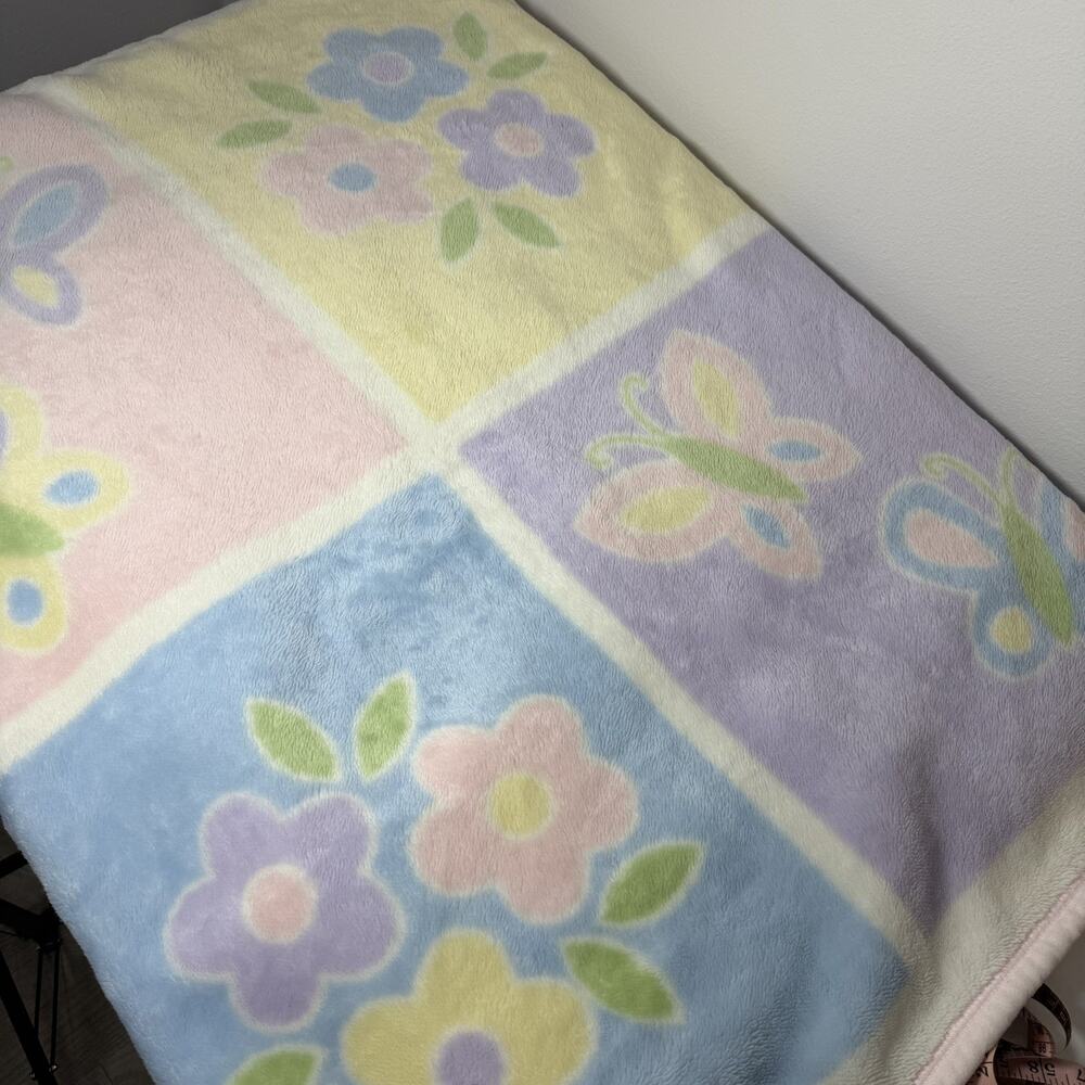 HTF Kidsline Floral Butterflies Girl Baby Blanket Pink Edge Color Block